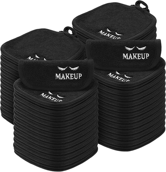 Queekay 48 Pcs Makeup Remover Cloths Reusable Washable Remover Pads Soft Microfiber Washcloths Facial Cloths Makeup Towels Holiday Gift for Women, 5 x 5 Inch(Black)