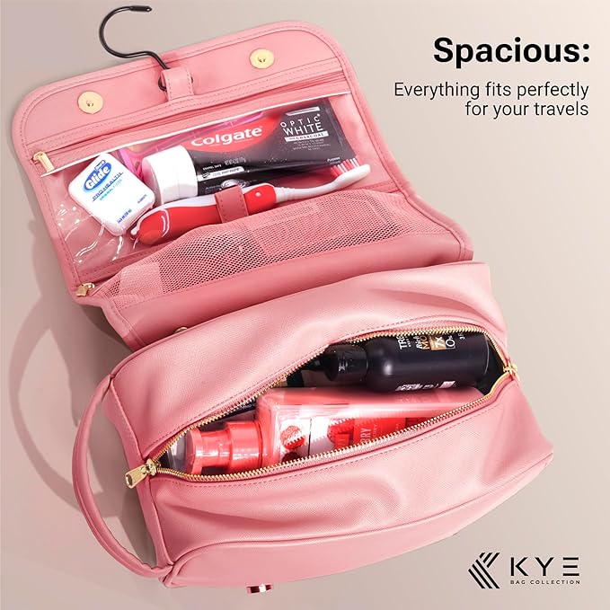 Leather Travel Toiletry Bag for Men with Removable Cover and Hanging Hook - Dopp Kit for men - Makeup Bag Organizer for Women for all your Travel Essentials (PINK)