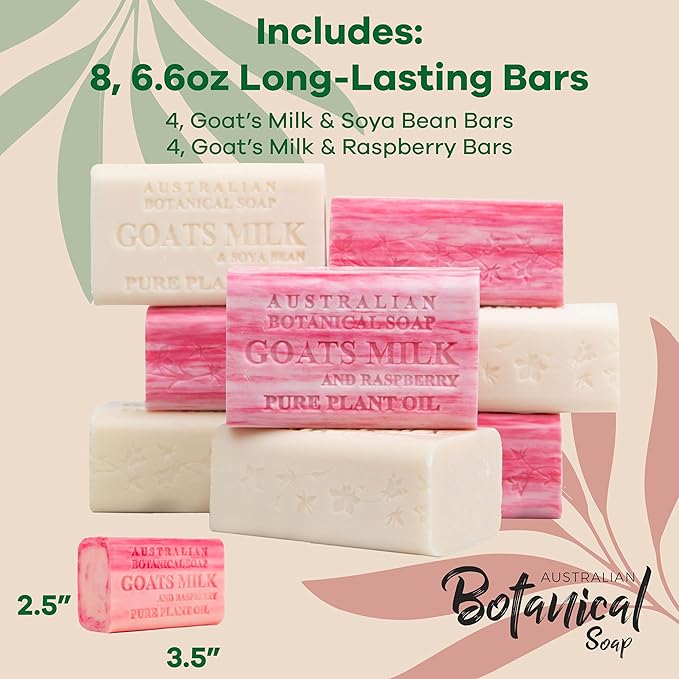 Australian Botanical Soap, Classic Goat Milk and Goat's Milk with Raspberry, 6.6 OZ, Triple Milled Bars made with a Natural Soap Base and Enriched with Organic Shea Butter, Pack of 8