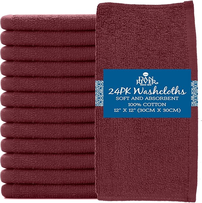 DAN RIVER 100% Cotton Washcloths 24 Pack Premium Quality Face and Body Cloth, Quick Dry Essential Towels for Bathroom, Hand, Kitchen & Cleaning, Baby Washcloths | 12X12 in | 400 GSM | Pomegranate