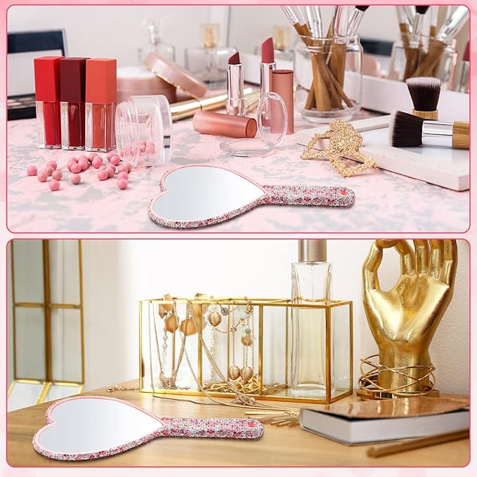 Sintuff 2 Pcs 8.85 Inch Bling Rhinestone Handheld Mirror Dazzling Adorable Heart Shaped with Handle Decorative Cosmetic Glitter Makeup Hand Mirror for Women Girls Bride Wedding Gifts(Pink)