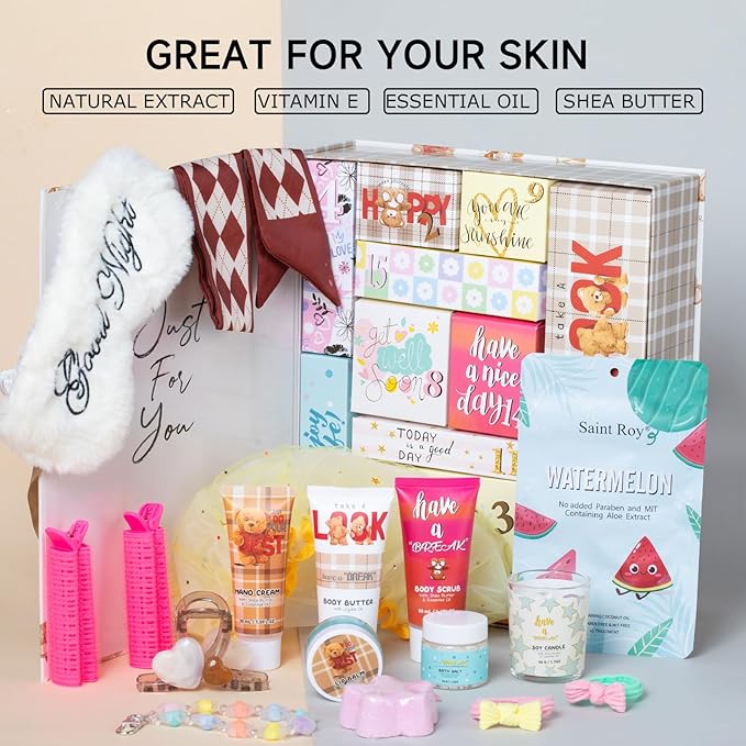 Mother's Day Gifts Luxury Surprise Bath & Body Box Beauty Advent Calendar, 17-Pcs Spa Gift Set with Hand Creams, Mask Gift Basket for Women Beauty Bath surprise box for adults Teens Girls