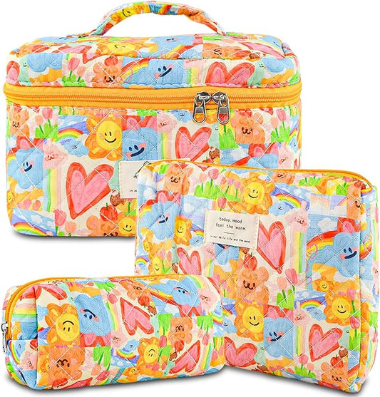 Makeup Bag, 3 PCS Quilted Makeup Bag, Cute Floral Cotton Cosmetic Bag set, Coquette Makeup Pouch Large Travel Toiletry Bag