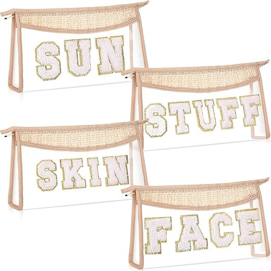Sanwuta 4 Pieces Preppy Patch Makeup Bag Skin Face Sun Stuff Bag Chenille Letter Clear Straw Cosmetic Bag Waterproof Nylon Toiletry Bag Portable Travel Organizer Zipper Transparent for Women
