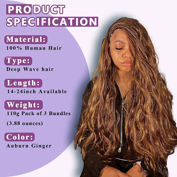 Human Braiding Hair For Boho Braids Deep Water Wave Human Bulk Hair for Braiding 12A Brazilian Virgin Human Hair Extensions for Boho Braids 3 Bundles/Pack 110g Auburn Ginger 16inch