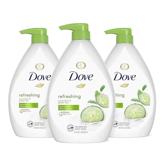 Dove Refreshing Body Wash with Pump Revitalizes and Refreshes Skin Cucumber and Green Tea Effectively Washes Away Bacteria While Nourishing Your Skin, 34 Fl Oz (Pack of 3)