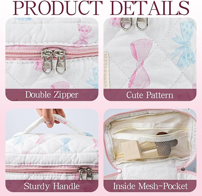 3Pcs Quilted Makeup Bag, Cute Floral Cotton Cosmetic Bag set, Coquette Bow Makeup Pouch Large Travel Toiletry Bag