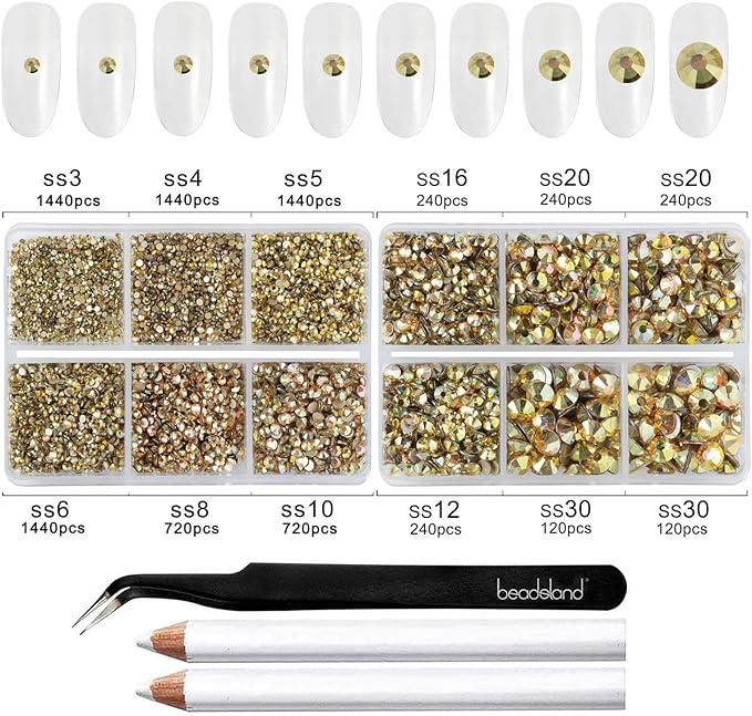 Beadsland 8300PCS Flatback Rhinestones, Gold Rhinestone Nail Gems Round Crystal Rhinestones for Crafts, Mixed 10 Sizes with Wax Pencil and Tweezer Kit, SS3-SS30, Metal Sunlight