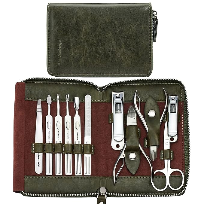 FAMILIFE Manicure Set, Nail Kit 11 in 1 pedicure kit Stainless Steel Mens Manicure Kit Leather and Gifts for Men, and 16pcs Manicure Set Nail Clippers Pedicure Kit Manicure Kit Nail Clipper Set