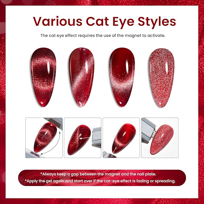 Beetles Cat Eye Gel Nail Polish Set, 6 Colors Glitter Red Pink Shiny Brown Burgundy Purple Blue Green Magnetic Effect Sparkle Stunning Nail Gel Polish Kit Soak Off UV Manicure Gifts for Women