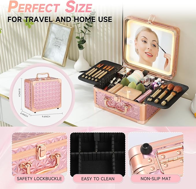 Leeora&Leekoo Makeup Box with LED Mirror & Aluminum Frame, Compact Multi-Layer Cosmetic Organizer - Portable ABS Travel Train Case for Makeup Storage(Gift for Girlfriend/Daughter) (Pink)