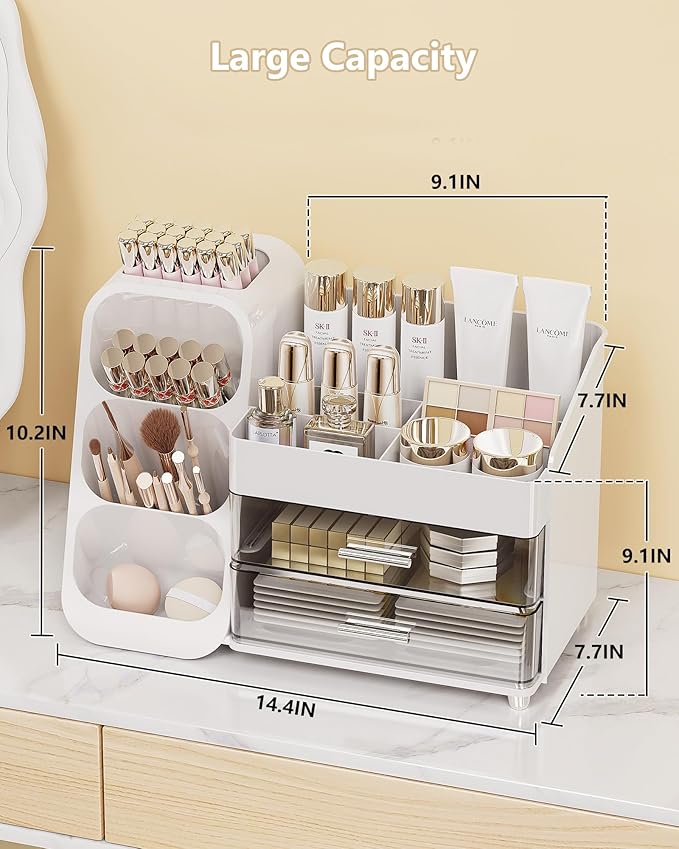 Makeup Organizer with Drawers, Skincare Organizer (Large Size Thick), Storage Box Cosmetic Display Cases, Make up Organizers for Vanity, Dresser, Desk, Kitchen, Countertop (White)