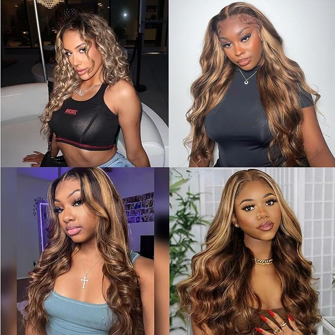 28Inch Highlight Body Wave Lace Front Wig Human Hair P4/27 Colored Ombre Lace Front Wigs Human Hair 13x4 Lace Frontal Wigs for Women 180% Density Glueless Honey Blonde Wigs