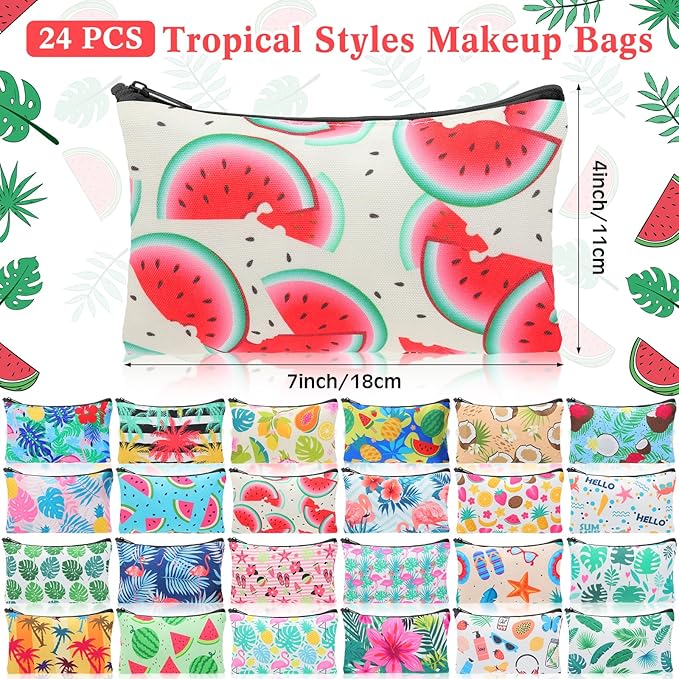 24 Pieces Makeup Bags Bulk Canvas Cosmetic Bags Purse Organizer Zipper Cosmetic Pouch Portable Travel Toiletry Pouch for Women Men Gifts, 7 x 4 Inch (Tropical)