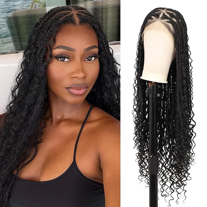 13x8'' HD Lace Front Boho Braided Wigs for Black Women Knotless Box Braid Wig Human Hair Blended Braided Lace Front Wig with Baby Hair Long Black 36 Inch