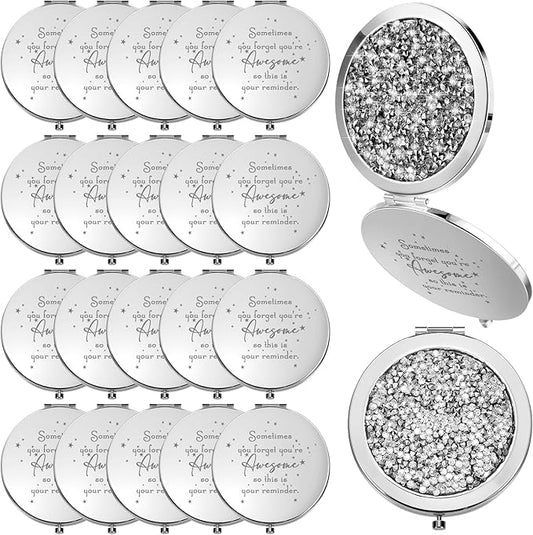 Roowest 20 Pcs Inspirational Compact Mirror Sometimes You Forget You're Awesome Appreciation Gifts for Women Mother's Day Party Favors Magnifying Pocket Mirror (White)