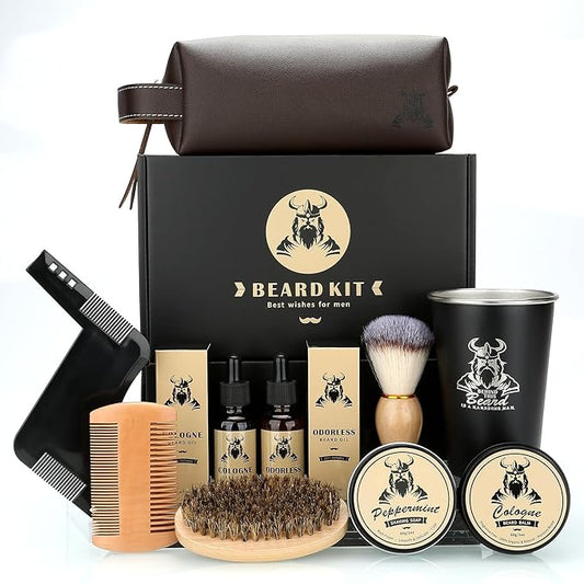 Beard Kit Gifts for Men, Father's Day Birthday Gifts for Men Dad Him, Grooming & Trimming Tool Complete Set, Beard Care Kit with 2 Beard Growth Oil/Balm/Brush/Comb/Shaving Soap/Cup&Storage Bag