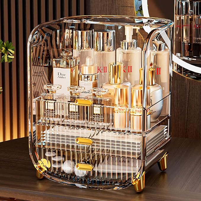Makeup Organizer, Large Capacity Cosmetics Makeup Organizer for Vanity, Dustproof Waterproof Cosmetics Display Case with Drawers for Skincare, Lipstick, Brushes and Jewelry (Clear)