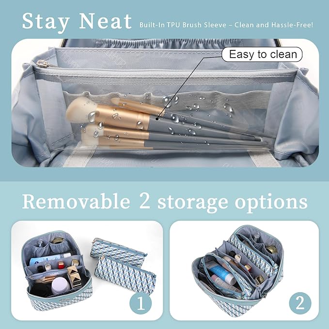 BOYATU Travel Makeup Bags for Women: Large Capacity Cosmetic Bag Set of 3 - Vegan Leather Make up Bags with Compartments - Wide Open Waterproof Toiletry Organizer Bag with Handle (E-02-Blue)