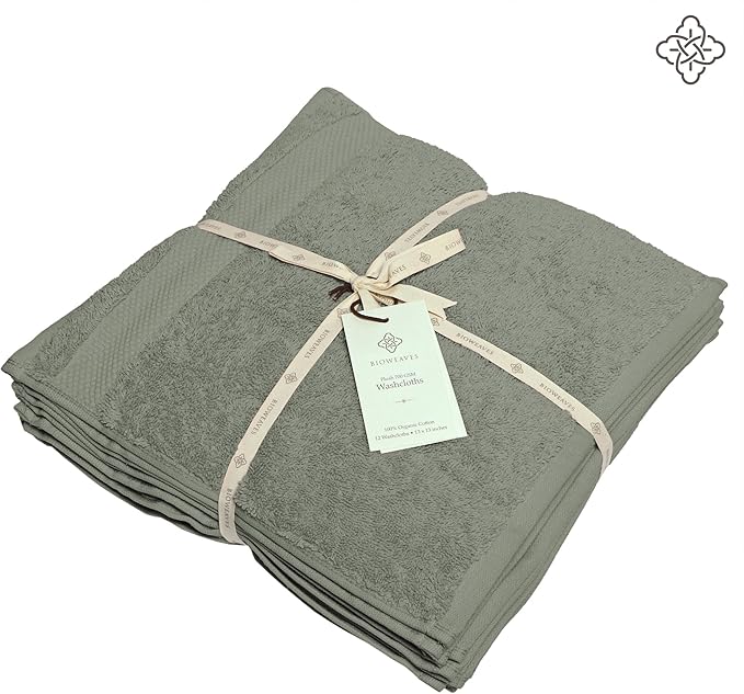 BIOWEAVES 100% Organic Cotton 700 GSM Luxury Washcloths GOTS Certified 13" x 13" Face Towel - Sage, Pack of 12