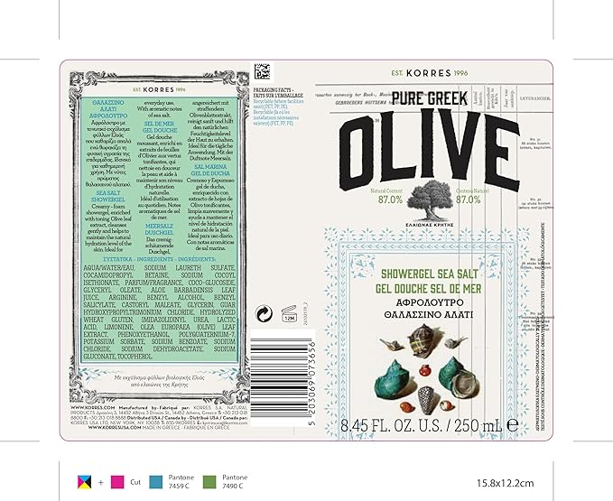 KORRES Olive Oil Shower Gel for Dry Skin, Moisturizing Body Wash Cleanser Made with Pure Greek Olive Oil, Hydrating and Nourishing Bath Soap for Smooth, Supple Skin, Sea Salt Scented, 8.45 fl oz