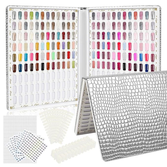 216 Colors Nail Display Chart, Nail Gel Polish Organizer Color Card with 240 False Nail Tips, Nail Color Display Book Chart Salon Nail Supplies Sample Chart Tool Set Nail Swatch (Silver, 1 Pack)
