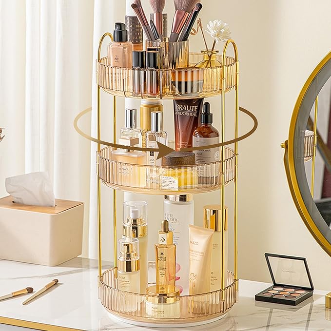 Aveniee 360° Rotating Makeup Organizer for Vanity, Upagraded Perfume Skincare Bathroom Counter Organizers with Brush Divider, 3 Tier Spinning Lipstick Cosmetic Makeup Lotion Storage Organizer(Gold)
