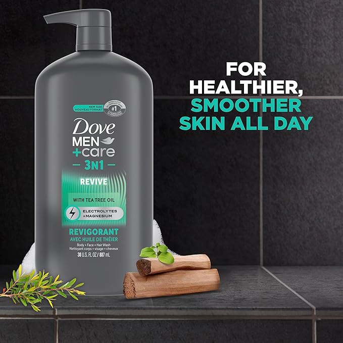 DOVE MEN + CARE Body and Face Wash Invigorating Revive 3N1 3 Count with Tea Tree Oil, with 24-Hour Nourishing Micromoisture Technology, 30 oz