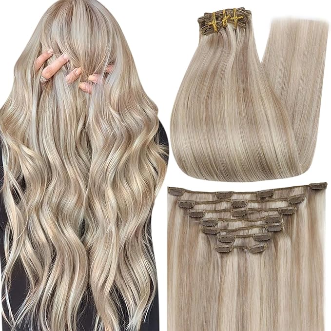 Full Shine Blonde Hair Extensions Highlights Clip in Hair Extensions Human Hair Ash Blonde Highlighted Soft Straight Real Hair Clip in Extensions for Long Hair 20 Inch 7 Pcs 120 G