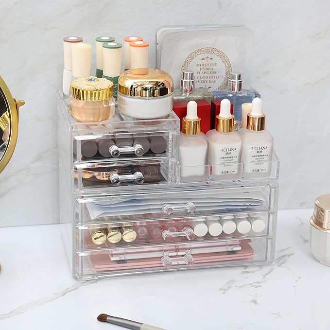 Cq acrylic Clear Make up Organizers and Storage for Vanity,2 Pcak Cute Skincare Organizer and Cosmetic Storage Organizer for Jewelry,Lipstick,Beauty,Skin Care Bathroom Counter Organizer With 5 Drawers