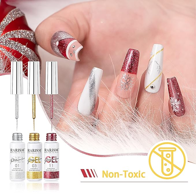 Painted Gel Nail Polish Set, Nail Art Gel Metallic Liner Painting Polish Set UV LED Gel 12 Colors Platinum Liner Gel Champagne Glitter Silver Rosa Gold Green Blue Purple Gel Paint for Nail Art Design