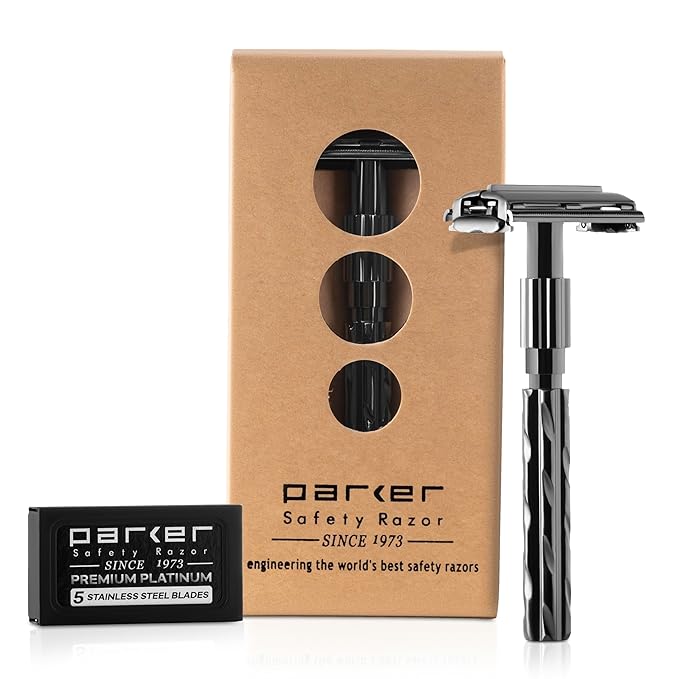 Parker 22R Gunmetal Finish Butterfly Open Double Edge Safet Razor for Men, 5 Parker Premium Platinum Double Edge Razor Blades Included