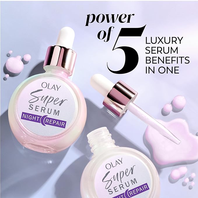 Olay Super Serum Night Repair for Face - Niacinamide, Peptide, Salicylic & Lactic Acid, Glycerin - Anti-Wrinkle, Dark Spot Reduction, Hydrating, Smooths Fine Lines, Skin Surface Renewal, 1.7 Oz