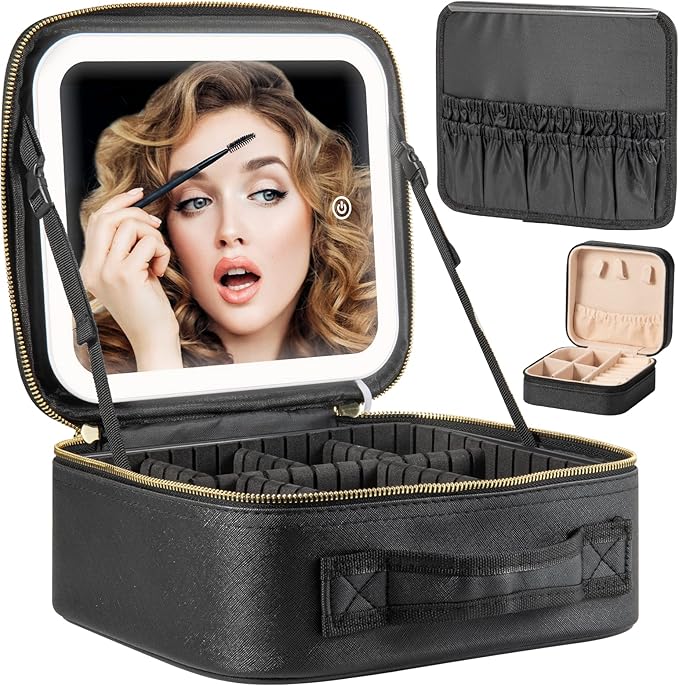 Makeup Travel Train Case with Mirror LED Light 3 Adjustable Brightness Cosmetic Bag Portable Storage Adjustable Partition Waterproof Brushes Makeup Jewelry Gift for Women, Black