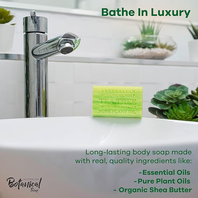 Australian Botanical Soap Tea Tree with Sage Extract 6.6 oz Luxury Soap Bars Enriched with Shea Butter, Suitable for Men, Women and All Skin Types, Pack of 4