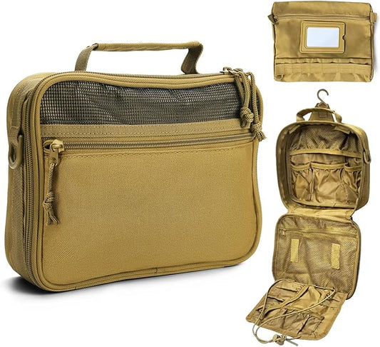 SUNRISING Tactical Toiletry Bag for Men - Hanging Travel Dopp Kit, Shaving Hygiene Organizer, Durable Bathroom Essentials for Short Trips & Camping Khaki（No molle）