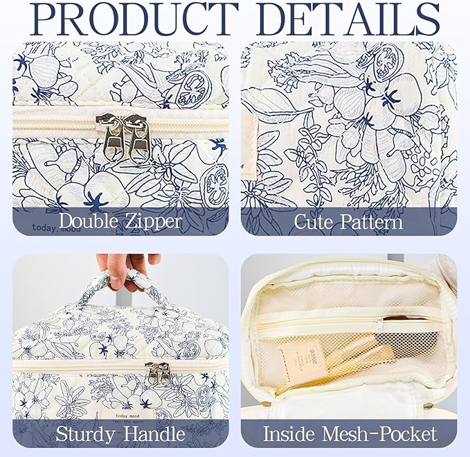 Makeup Bag, 3 PCS Quilted Makeup Bag, Cute Floral Cotton Cosmetic Bag set, Coquette Makeup Pouch Large Travel Toiletry Bag