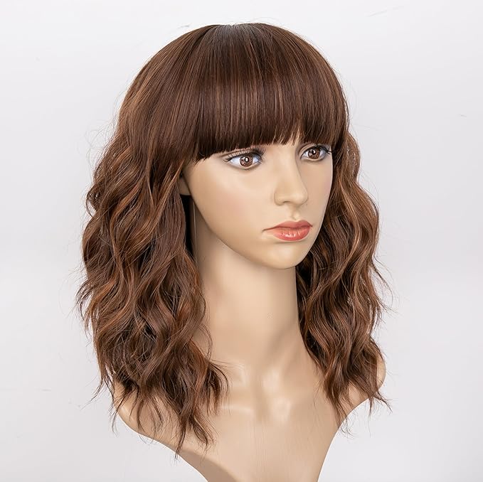AISI HAIR Synthetic Wavy Curly Bob Wig with Bangs Brown Highlight Short Hair for Women Synthetic Heat Resistant Bob Wigs