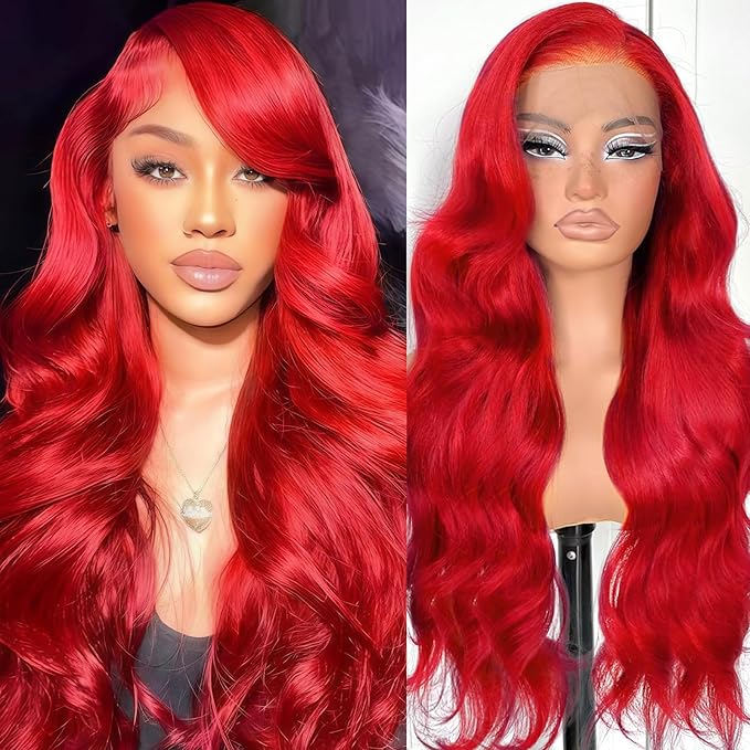 30 Inch Red Lace Front Wigs Human Hair Red Wig Human Hair 200 Density Red 13x4 HD Lace Front Wigs Human Hair Pre Plucked Body Wave Human Hair Wig Color Red Lace Frontal Wigs Human Hair