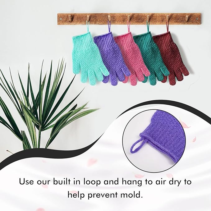 Evridwear Exfoliating Dual Texture Bath Gloves for Shower, Spa, Massage and Body Scrubs, Dead Skin Cell Remover, with Hanging Loop Heavy(5 Pairs Gift Set for Women)