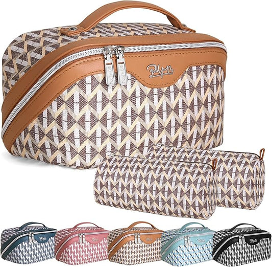 BOYATU Travel Makeup Bags for Women: Large Capacity Cosmetic Bag Set of 3 - Vegan Leather Make up Bags with Compartments - Wide Open Waterproof Toiletry Organizer Bag with Handle (E-05-Brown)