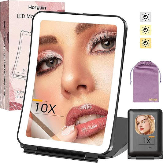 Travel Makeup Mirror with Lights and Magnification, 10X/1X Magnifying Vanity Mirror with 3 Colors & Brightness Adjustable, 2000 mAh Rechargeable Lighted Compact Mirror, Women Gift (Black)