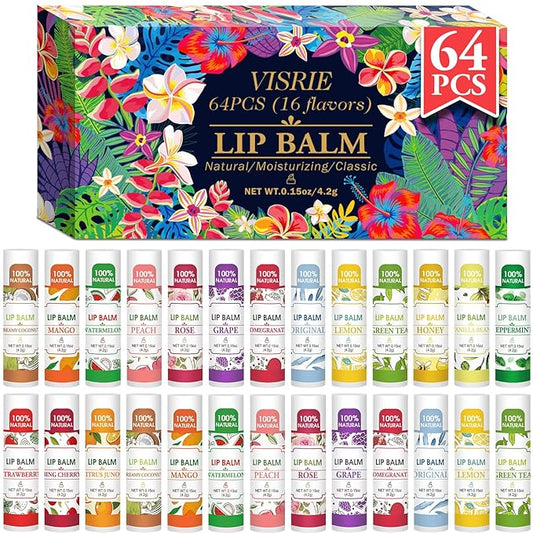 64 Pack Lip Balm, Natural Lip Balm Bulk with Vitamin E and Coconut Oil, Bulk Moisturizing Lip Balms for Dry Lips-16 Flavors