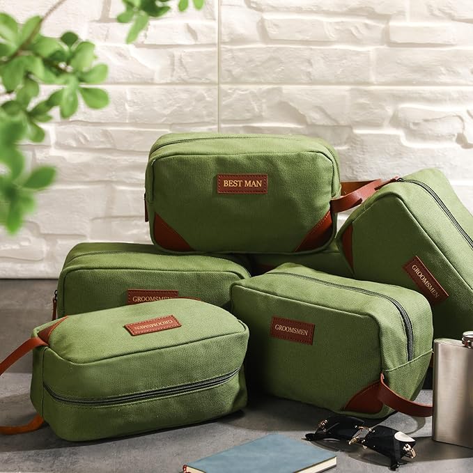Eccliy 6 Set Groomsmen Gifts Men Toiletry Bags Men's Travel Shaving Kit Bathroom Bags Water Resistant Toiletry Case for Wedding Groomsman Proposal Gift Travel Accessories(Army Green)