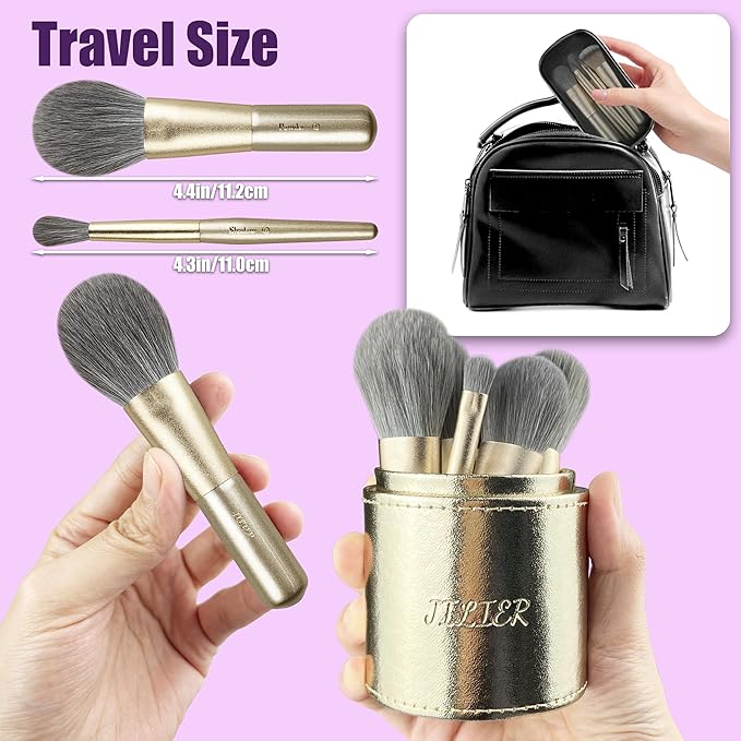 Jilier Travel Makeup Brush Set, 14 pcs Mini Makeup Brushes for Foundation, Powder, Eyeshadow, Highlight, Contour, Blush & Concealer, Small Makeup Brush Set Purse Size with Case
