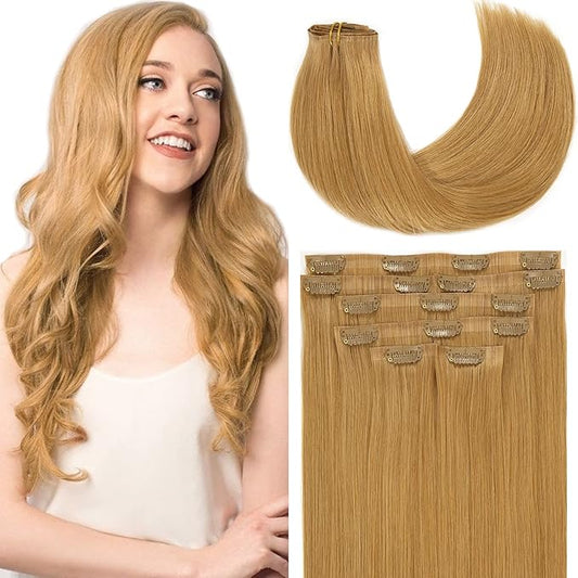 Loxxy Seamless Human Hair Clip in Extensions Blonde 16Inch Thick Full Head Clip on Hair Extensions Remy Human Hair Color 27 Caramel Blonde Natural Real Hair Clip in Extensions For Women 110g 7pcs