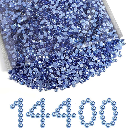 Beadsland Hotfix Rhinestones Bulk, 14400PCS Crystal Hot Fix Rhinestones for Crafts Clothes DIY Decoration, Light Sapphire, SS10, 2.7-2.9mm
