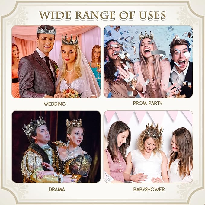 Sureio 2 Pcs Antique Royal King Crown for Men Baroque Queen Crown for 2025 Graduation Prom Party Crystal Tiara Prom Cosplay Birthday Wedding Hair Headband Accessories(Stylish Style)