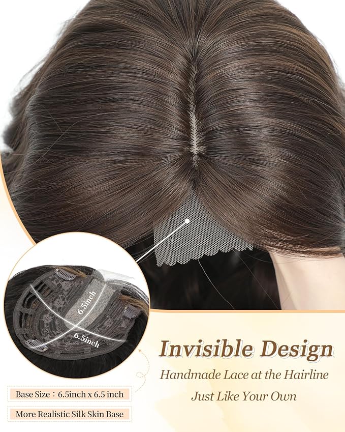 PANEWAY Hair Topper 16Inch Hair Toppers For Women Wavy Curly Soft Brown Clip In Hair Topper Add Hair Volume Synthetic Wiglets Hair Pieces For Women