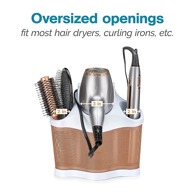 Polder Style Station, Tool Organizer for Hair Dryer, Curling Iron, and Straightener, Easy-to-Store Hair Styling Station, White and Copper